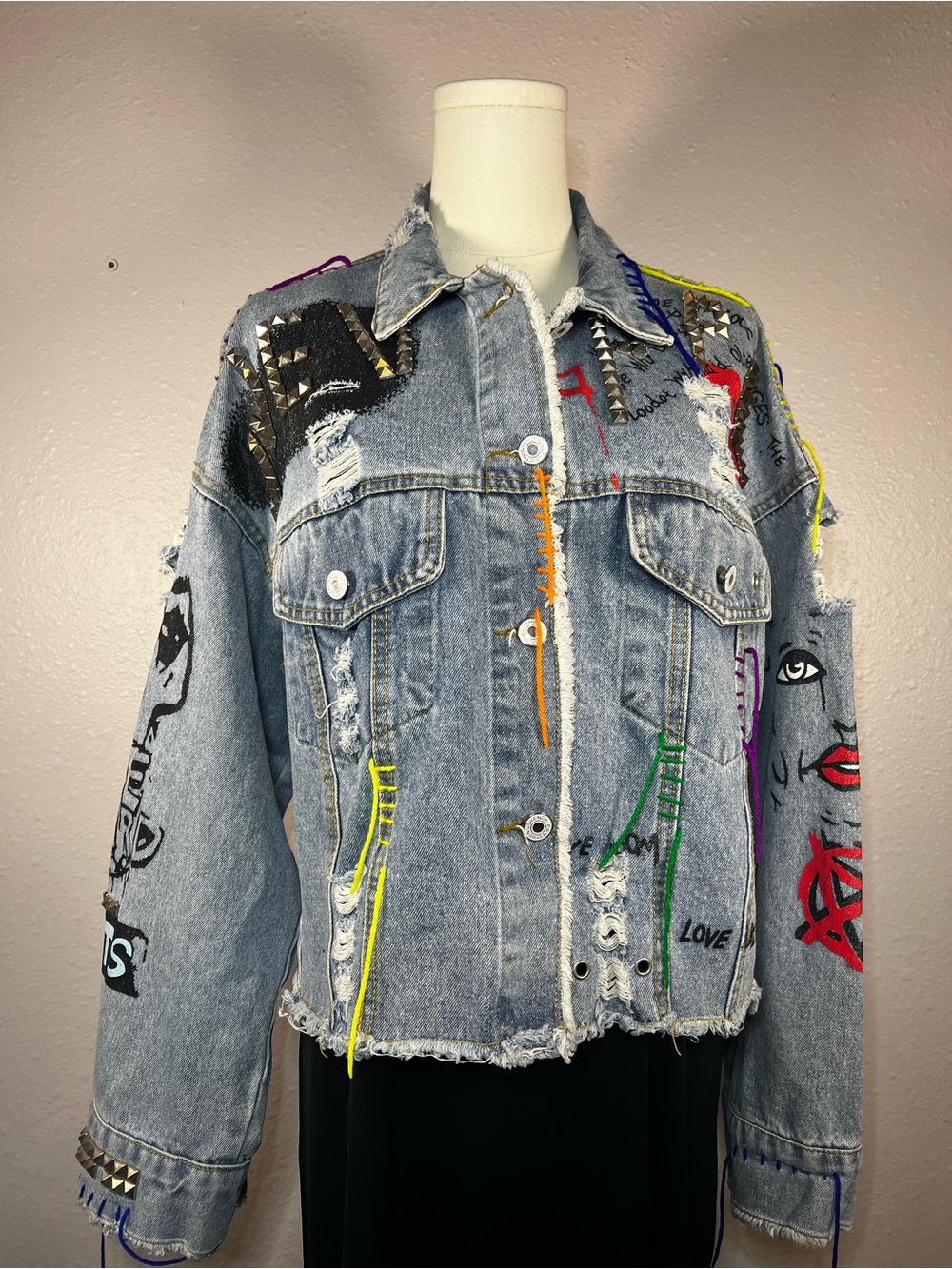 AKIRA Light Blue Distressed Denim Jacket with Multicolor Embroidery